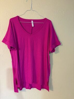 Casual V-Neck Short Sleeve Top - Hot Pink
